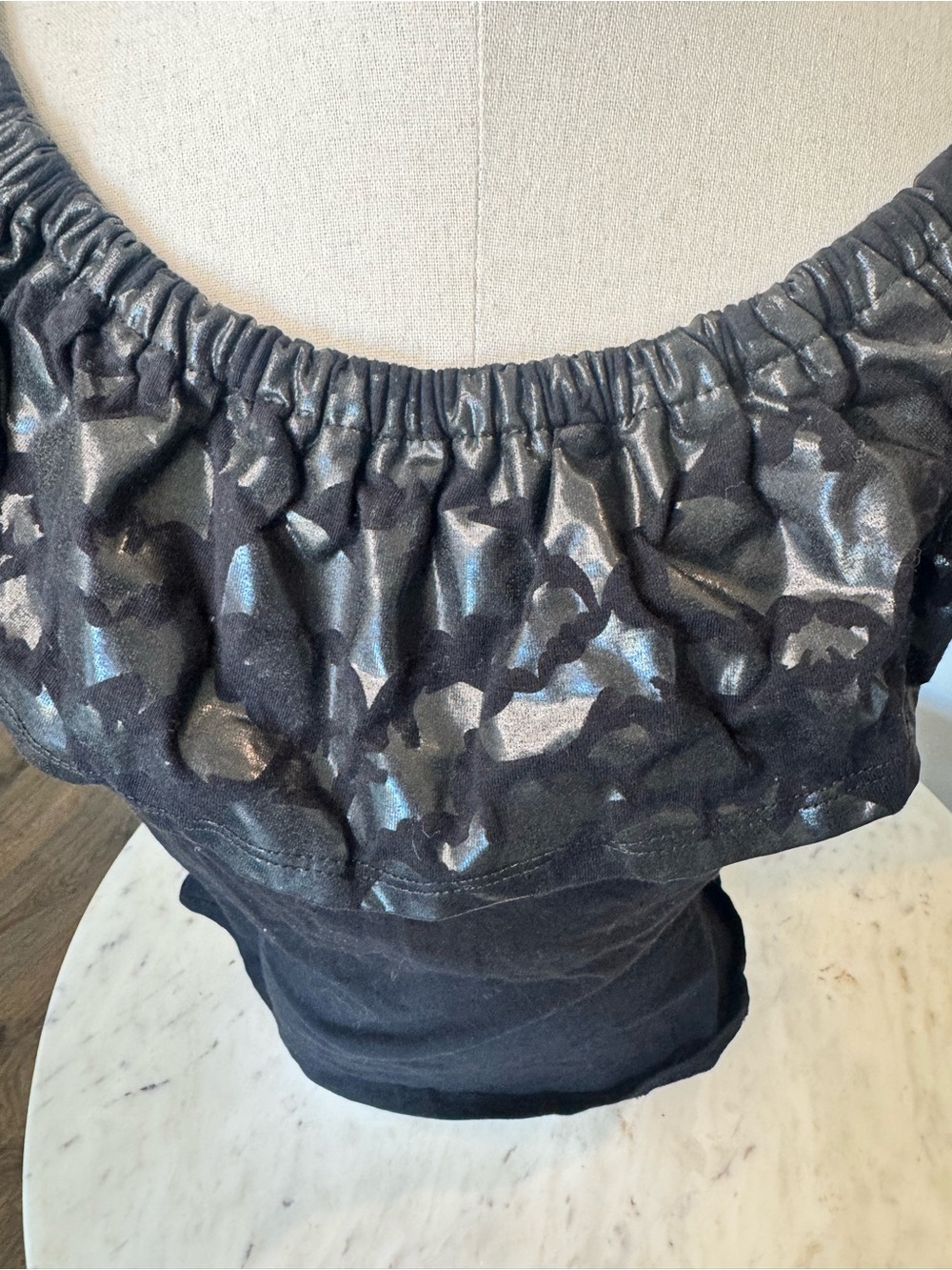 Kreepsville BATS Off-Shoulder Black Metallic Floral Ruffle Top